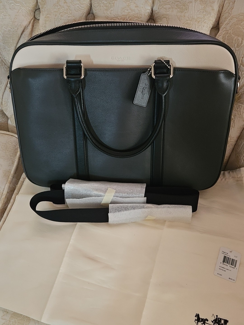 Coach Perry Slim Two-Tone Leather Briefcase in Charcoal Black and Chalk New